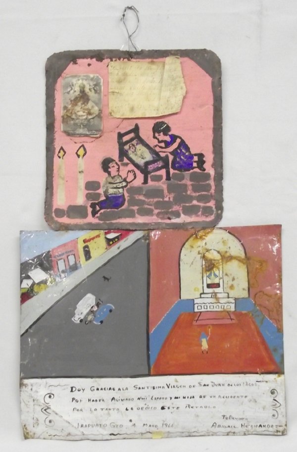 Vintage Mexican Ex-Votos: Vintage Mexican Ex-Votos, #1 depicts child in bed with kneeling parents on either side, there are two papers glued to top of piece 1 is a Saint and the other is a hand written note in Spanish, #2 is a