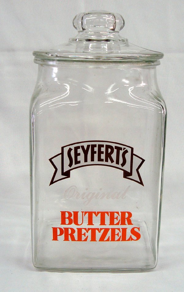 Vintage Seyfert's Original Butter Pretzels Jar: Vintage Seyfert's Original Butter Pretzels Jar, lidded, all glass, measures approx. 12.75''H x 6.5''W