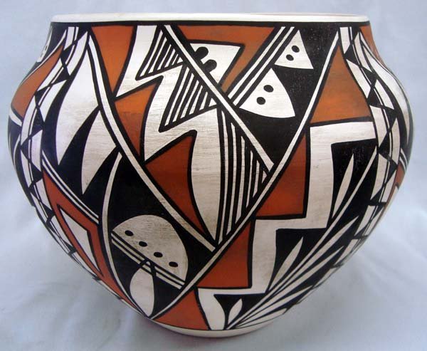 Acoma Traditional Polychrome Pottery by L Joe: Native American Acoma Traditional Polychrome Pottery by L Joe, gorgeous brown, black, and tan geometric and abstract designs on white pot, shelf wear on bottom and outer pot could use some professiona