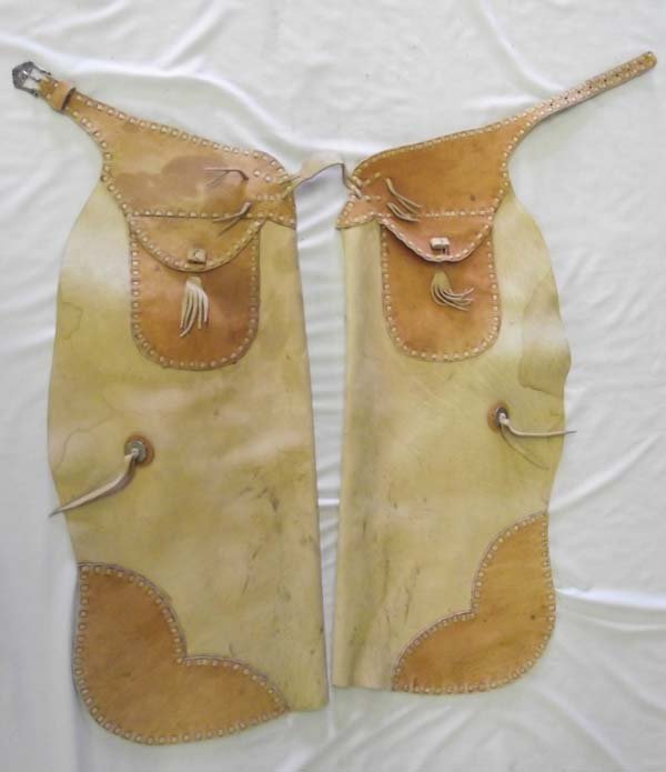 Vintage Cowboy Leather Suede Chink Chaps: Vintage Cowboy Leather Suede Chink Chaps, measures 36''+ waiste, Length 36''. Two South American Coin Conchos. Two Front Pockets with Leather Buttons.