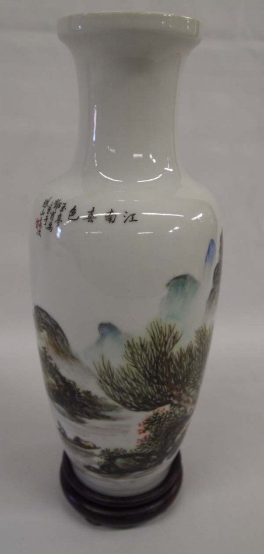 Vintage Japanese Kutani Eggshell Vase: Vintage Japanese Kutani Eggshell Vase, comes with carved wooden display stand, vase is handpainted with a mountain/forest scene in the background and a boat floating on a river in the foreground, vase