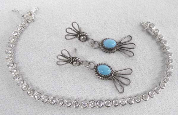 Sterling Rhinestone Bead Bracelet Navajo Earrings: Sterling Rhinestones Bracelet Pair Native American Navajo Earrings. Lovely modern bracelet of sterling silver with rinestones, measures 7''x1/8''. The clasp has a double lock and is stamped, ''925.''