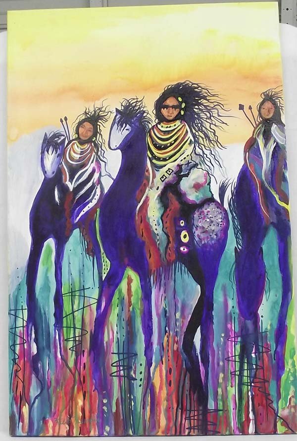 Acrylic Painting Old Warriors - Kills Thunder: Acrylic Painting Old Warriors Coming Home - Kills Thunder. Three weary warriors return home on their ponies. Stylized painting by Arizona artist, Kills Thunder. Measures 36''Hx24''W. On stretched canv