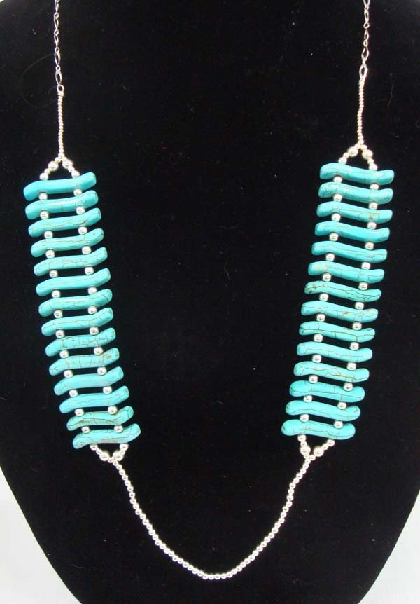 Modern Sterling Turquoise Necklace-Jas Jacobs: Modern Sterling Turquoise Necklace-Jas Jacobs. Unusual, newer, signed necklace. 28 uniform shape turquoise pieces arranged with sterling silver balls in double rows to create feathers draping down eac
