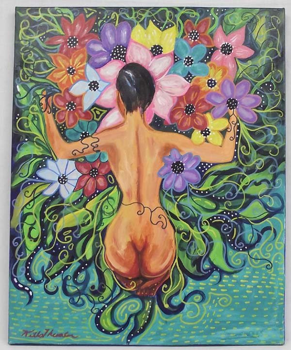 Acrylic Painting ''Flowers'' - Kills Thunder: Acrylic Painting ''Flowers'' - Kills Thunder. Colorful, swirling painting of nude woman sitting, seemingly arranging the beautiful flowers in front of her. By Arizona artist, Kills Thunder. Measures 2