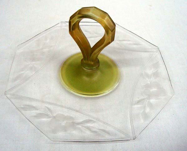 Depression Etched Caddy Glass Tray: Depression Etched Caddy Glass Tray Clear etched glass octagonal shaped base. Ready for serving at the fashionable table or holiday feast. The most typical color of uranium glass is pale yellowish-gree