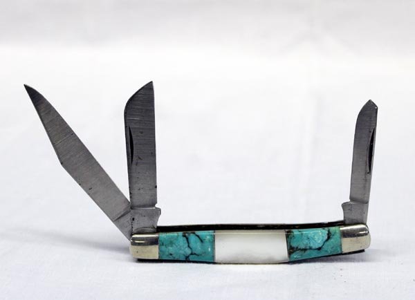 Schrade Turquoise Mother of Pearl Pocket Knife: Estate Schrade Turquoise Mother of Pearl Inlay Pocket Knife. Two bladed pocket knife has sterling silver channel inlay work by Deming, N. Mex. pioneer Mrs. Walker, now deceased. Mrs. Walker and her so