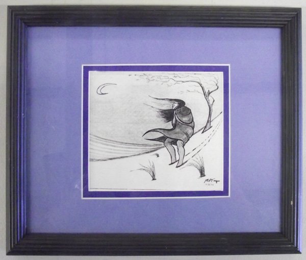Framed Original Pen/Charcoal Indian Painting: Framed Original Pen/Charcoal Indian Painting. An Indian wraped in a blanket walks through the snow on a windy winter night. The painting is signed in the lower right corner and has a bird hallmark. It