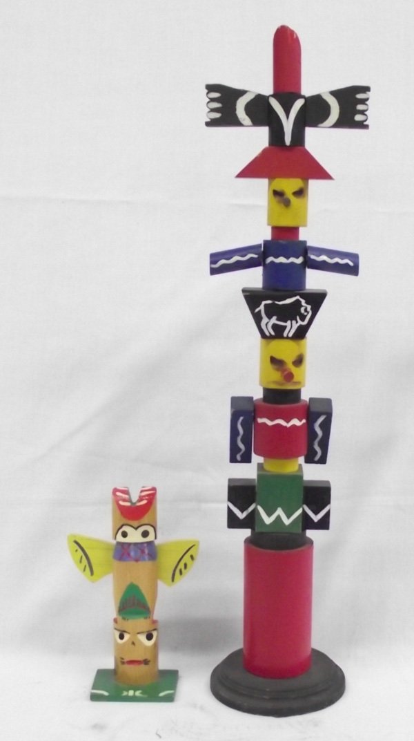 Pr Northwest Coast Tourist Totem Poles: 2 Painted Wood Desk Top Totem Poles. The small totem is stamped on the back, ''Handcrafted by American Indians.'' The large one is made from basic solid wood shapes of cube, polygons, cylinder, etc. T