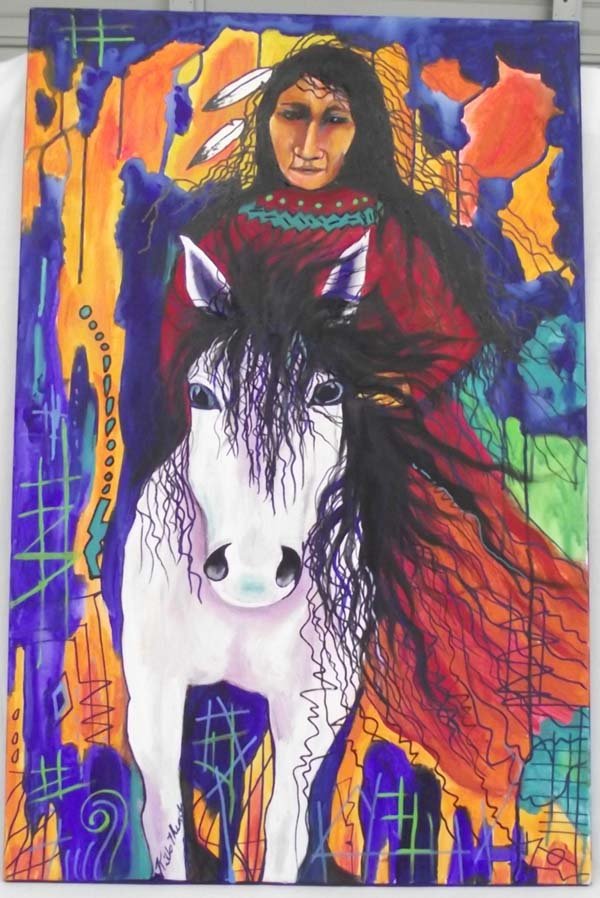 Acrylic Painting ''Chief Red Robe - Kills Thunder: Acrylic Painting ''Chief Red Robe - Kills Thunder. The noble warrior chief rides his white pony and seems to be considering something important. By Arizona artist, Kills Thunder. It measures 36''Hx24'