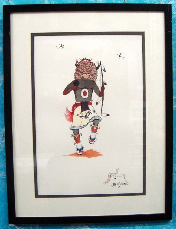 Zia Original Mixed Media Framed Painting-JD Medina: Native American Zia Original Mixed Media Framed Painting-JD Medina. Titled, ''Buffalo Dancer,'' this is a signed watercolor and ink painting by Medina. The dancer holds a bow and rattle and wears a bu