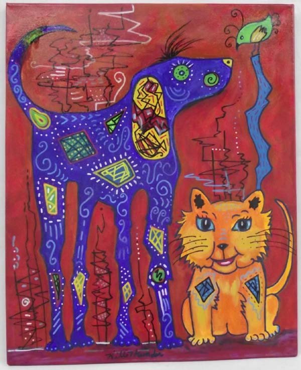 Acrylic Painting ''Happy Friends'' - Kills Thunder: Acrylic Painting ''Happy Friends'' - Kills Thunder. Kitty, poochie and birdie are all enjoying each others friendship in this delightful painting by artist from Arizona, Kills Thunder. Measures 24''Hx