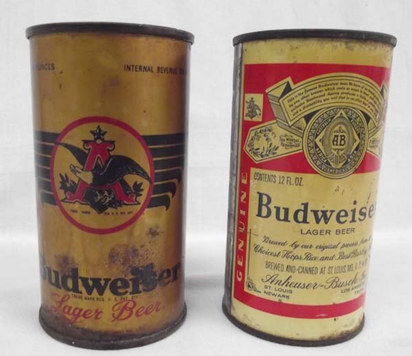 Rare Flat Top Budweiser Unopened Cans: Rare Flat Top Budweiser Unopened Cans. Both these vintage cans are unopened and full. The older one has the line, ''Internal Revenue Tax Paid'' indicating the can was produced before 1950. The other o