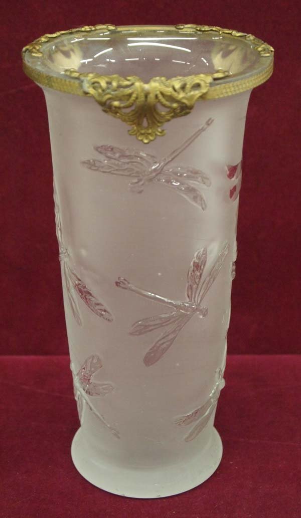 Antique Brass Ormolu Cut to Crystal Dragonfly Vase: Antique Brass Ormolu Cut to Crystal Dragonfly Vase, measures approx. 8''H x 4''W. Gold base ring is worn, brass rim ormulu has wear and there is shelf wear on base rim, not uncommon for age. Gorgeous