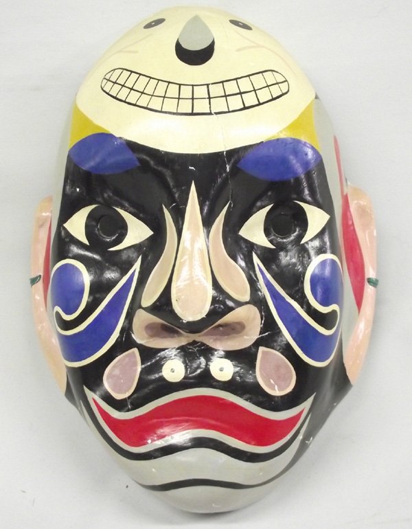 Chinese Paper Mache' Skao Shen Opera Mask: Chinese God Skao Shen Mask. Made in Taiwan, this mask is of one of the ''gods made in heaven''. 10-1/8''L x 7-1/8''W. Cracks and paint chips. Age unknown.