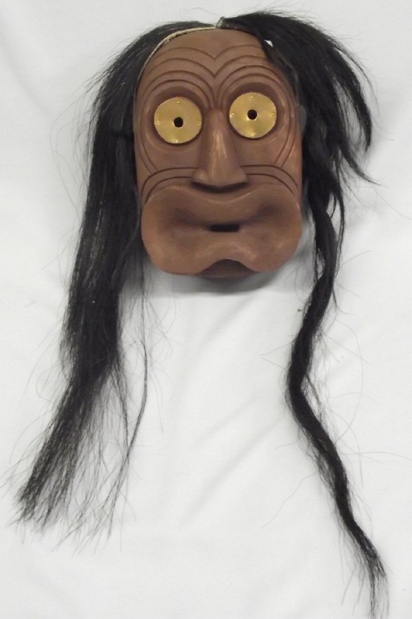 Iroquois Wooden False Face Mask ''Skayadeh'': Iroquois Wooden False Face Mask ''Skayadeh''. 11''H x 7.5''W, the eyes holes are surrounded with copper disks. Hair is attached and there is a leather loop for hanging. Two holes are drilled for attac