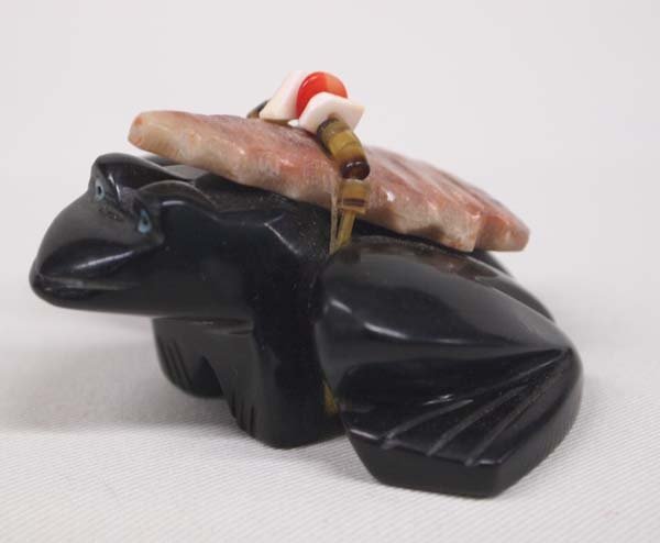 Zuni Carved Jet Frog Fetish - David Yazzie: Native American Zuni Carved Jet Frog Fetish - David Yazzie. Impressive sitting frog carved from jet stone with a carved stone arrowhead power pack held on with strung heishi, coral and shell beads. Si