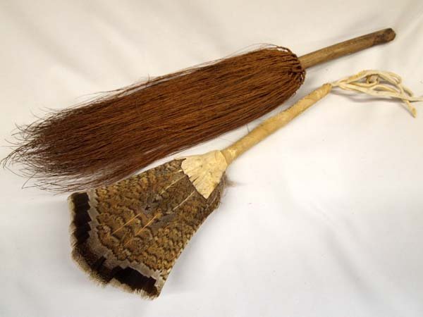 Ethnic Vintage Horsehair Fly Swatter & Feather Fan: Ethnic Vintage Horsehair Fly Swatter, Turkey Feather Fan. Great old turkey feather fan has a handle of wrapped leather. It measures 15'' long. The fly swatter is horsehair that is braided at the very 