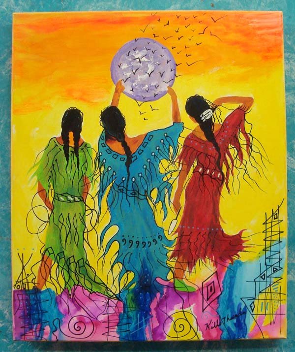 Original Acrylic on Canvas Painting-Kills Thunder: Original Acrylic on Canvas Painting-Kills Thunder. ''Three Sisters'' measures 24''H x 20''W and is painted in the traditional colorful style of the Arizona artist. Signed and dated by artist.