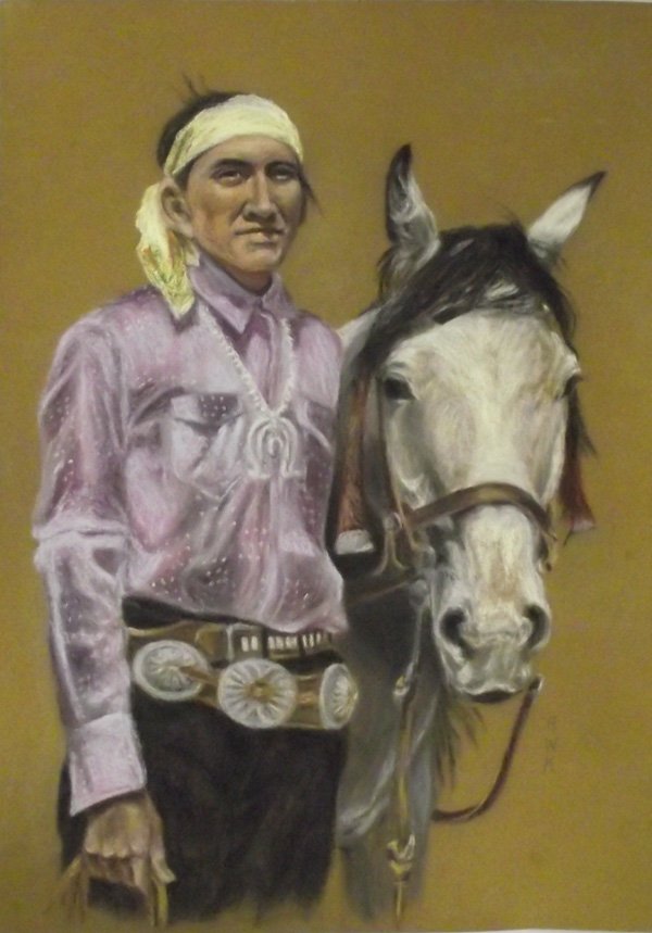 Original Pastel - Native American With Horse AWK: Original Pastel - Native American With Horse AWK. A proud Native American stands with his favorite horse in this beautifully done pastel painting, signed by artist, ''AWK''. It is done on Grumbacher 1