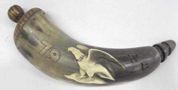 1979 Hand Carved Eagle Powder Horn: Hand Carved Powder Horn. Doesn't seem to open but is for show. Carved into the horn is 79, WB, and an eagle. On the reverse side carved, ''to a friend, Bill Bracken, Doug Knoell, 1979. This would be s