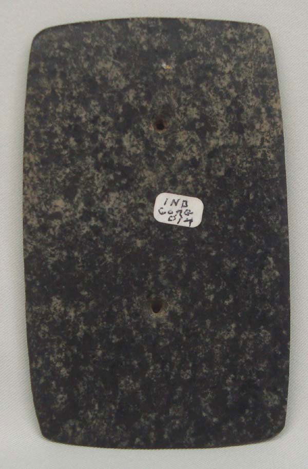 Prehistoric Speckled Stone Gorget Replica: Prehistoric Speckled Stone Gorget Replica, measures approx. 4.5L x 3''W. Two drill holes for leather strap. Used as a decorative stone necklace. From Texas Estate. I.D.#014. Actual age origina & age u