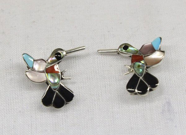Zuni Sterling Channel Inlay Hummingbird Earrings: Native American Zuni Sterling Channel Inlay Hummingbird Earrings, hallmarked D E, earrings feature channel inlay of turquoise, coral, mother of pearl, iridescent abalone, and jet, measure .75'' x .75'