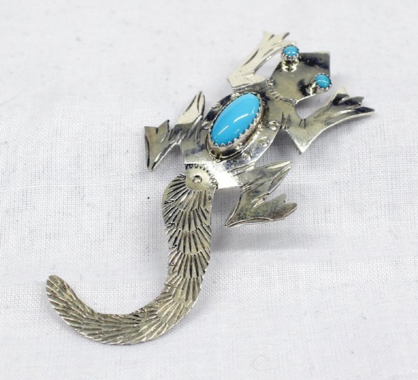 Navajo Sterling Turquoise Lizard Pin - F. Yazzie: Native American Navajo Sterling Turquoise Lizard Pin, great little guy with turquoise eyes and oval robin blue turquoise cabochon on back, hand stamped body accents to include scales on his tail, meas