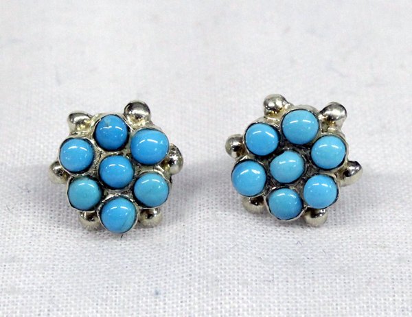 Zuni Sterling Petit Point Turquoise Post Earrings: Native American Zuni Sterling Petit Point Turquoise Post Earrings, each dainty post earring contains 7 Petit Point stones accented by 6 small silver beads, measures approx. .5'' at widest point, nice 