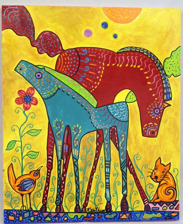 Original Acrylic Painting by Kills Thunder: Original Acrylic Painting by Kills Thunder, bright and bold palette indicative of Kills Thunder, picture depicts 2 abstract horses with little dog and bird in lower opposing corners, signed by artist 