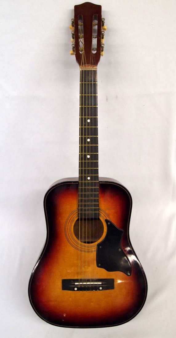 1960 Mexican Steel 6 String Sunburst Finish Guitar: 1960 Mexican Steel 6 String Sunburst Finish Guitar. 3/4 size - Leon Guanajuato steel strung. Handle has been repaired at the neck, otherwise normal wear for age and use of guitar. 34''L x 12.5''W.