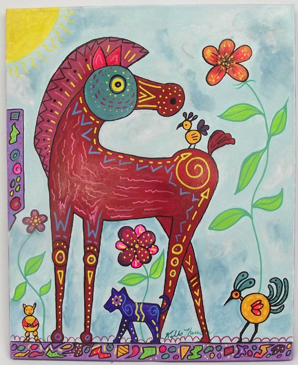 Original Acrylic Painting - Kills Thunder: Original Acrylic Painting on Canvas by Arizona artist Kills Thunder. 24''H x 20''W ''My Happy Pony'' is painted in the bold colors traditional to this artist. Signed and dated by the artist.