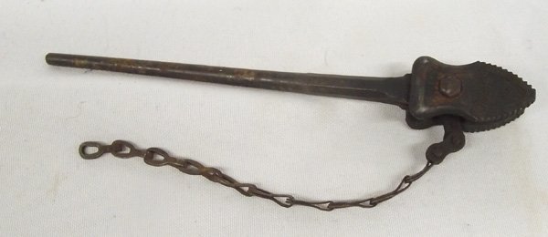 Antique Salesman Sample Miniature Pipe Wrench: Antique Salesman Sample Miniature Pipe Wrench. Vulcan of Waco, NY, USA. Chain moves freely. Rusted, 7''L x .75''W. Item found on private ranchland near Arabela-Bluewater in South Central New Mexico.