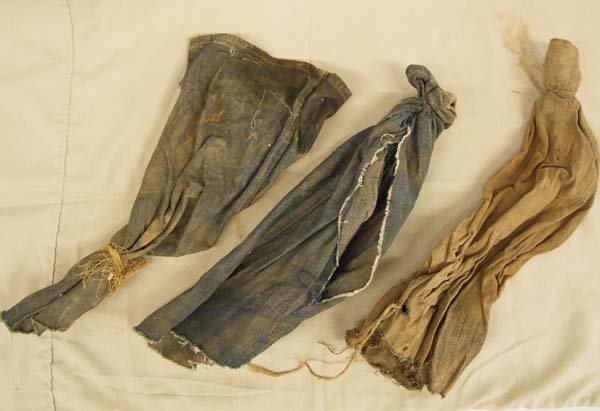Three Antique Miner Cloth Ore Bags: Three Antique Miner Cloth Ore Bags. Made of jean material with twine ties. Longest is 16'' x 8.5''. Item found on private ranchland near Arabela-Bluewater in South Central New Mexico.