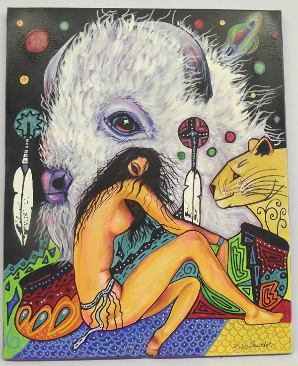 Original Acrylic Painting - Kills Thunder: Original Acrylic on Canvas Painting - Kills Thunder. ''Sacred Buffalo'' 24''H x 20''W. Painted in the traditional bold colors of this Arizona artist. Signed and dated.