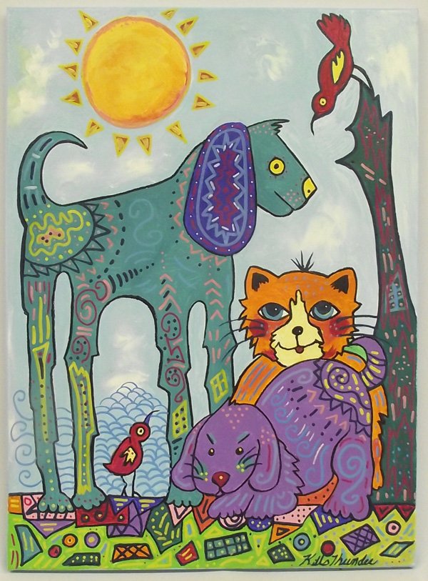 Original Acrylic Painting - Kills Thunder: Original Acrylic on Canvas Painting - Kills Thunder. ''Little Friends'' is painted in the traditional bold colors of the Arizona artist. 24''H x 20''W, signed and dated. Would be adorable in a child's