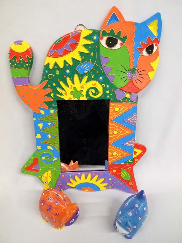 Indonesian Hand Painted Cat Mirror, Two Wood Cats: Indonesian Hand Painted Cat Mirror, Two Wood Cats. Brightly hand painted mirror is 12''H x 16''W. Two wood carved cats are 4.5'' and 5'' tall. Will brighten any room.