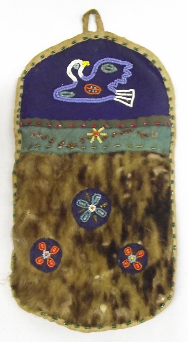 1930 Northwest Coast Tlingit Eagle Beaded Bag: 1930 Northwest Coast Tlingit White Headed American Eagle Beaded Bag. Measures approx. 10'' x 5.5''. Hand stitched, Hand beaded Fetish Bag. Flowers & Eagle pattern.