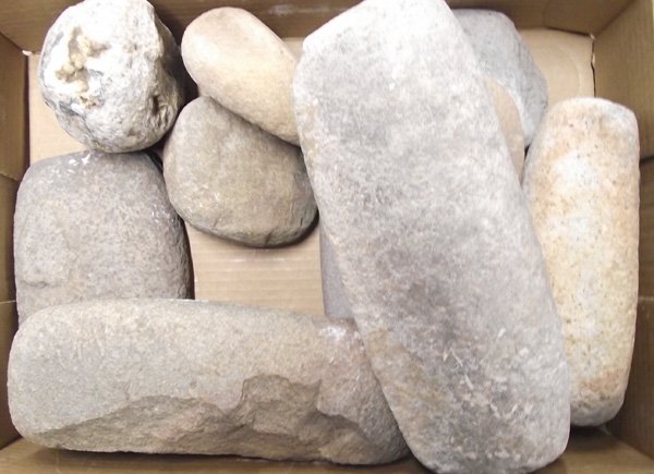 Collection of Jornada Mogollon Manos MUST PICK UP: Collection of Jornada Mogollon Manos, MUST BE PICKED UP, (Mano (Spanish:hand) is a ground stone tool used with a metate to process or grind food by hand), approximately 15 plus manos, various sizes, T