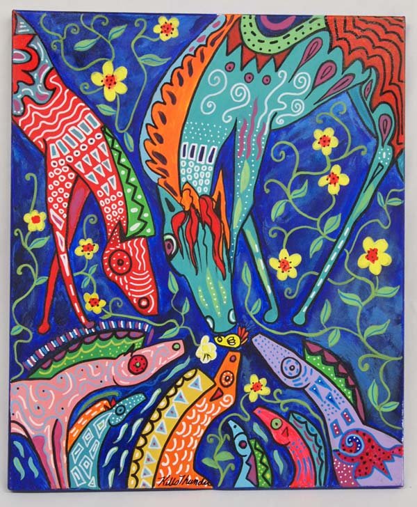 Original Acrylic Painting on Canvas-Kills Thunder: Original Acrylic Painting on Canvas-Kills Thunder. 24''H x 20''W. ''My Little Birdie''. Horses curious about a small bird. Painted in the colorful, bold style for which this Arizona artist is famous. 