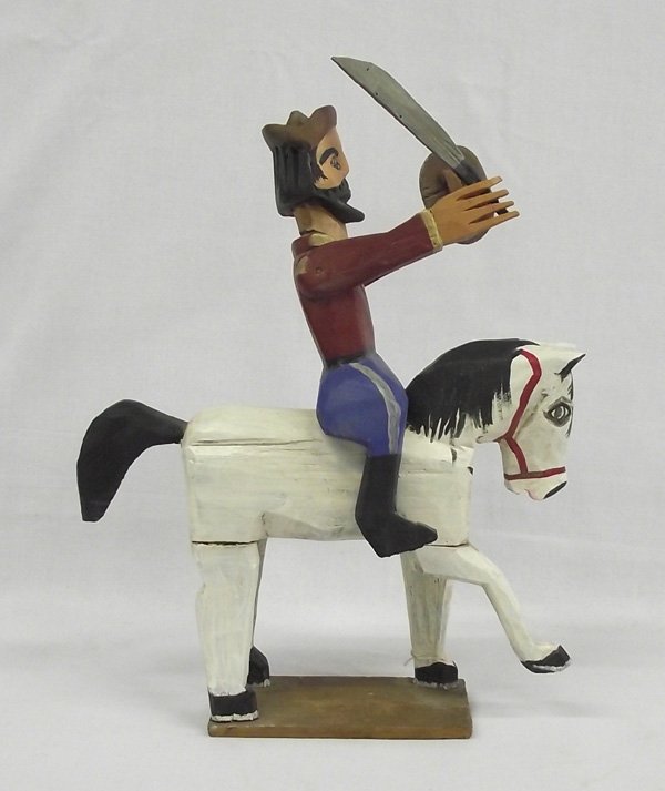 Chiapas Mexican Patron St James Carved Wood Santo: Chiapas Mexican Carved Wood Santo Patron St James. Primitive carved, painted and nailed together, there are 2 pieces. The Patron Saint of Soldiers, Saint James, rides on his white horse. Made is south