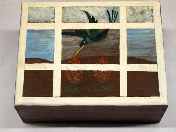 Vintage Cedar Jewelry Box and Trade Beads: Vintage Cedar Jewelry Box and Trade Beads. Lovely cedar box with painted top of hummingbird outside the window. Also includes some strung and some loose trade beads. Box is 6.5''W x 2-7/8''H x 5.25''D
