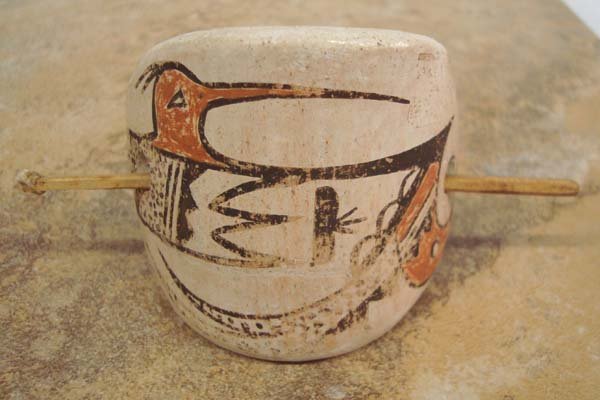Vintage Acoma Pottery Hair Barrette - Regina Starr: Vintage Acoma Pottery Polychrome Hair Barrette. Hallmarked Regina Starr Vincente, Acoma Sky City, New Mexico. Has a stick pin to hold hair. Double bird design. 2''H x 2 3/8''W.