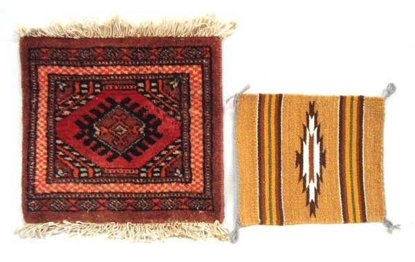 Two Weaving Samplers - Navajo and Persian: Two Weaving Samplers - Navajo and Persian. The Navajo weaving is light brown, dark brown and other earth tones and measures 9.25'' x 7.75''. The other is a Persian sampler and measures 11'' x 12''.