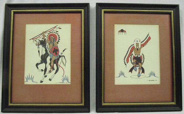 2 1962 Framed Prints - Fred Beaver: 2 1962 Framed Prints - Fred Beaver. One print is ''Eagle Dancer'' and the other is ''War Chief.'' Both are matted, under glass and in a wood frame. The visual is 9''H x 7''W.