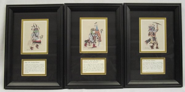 3 Framed Hopi Kachina Prints - Carole Bourdo: 3 Framed Kachina Prints - Carole Bourdo. Each of these prints depicts a Hopi Kachina and there is a description of each Kachina beneath the drawing. They measure 4'' x 5.25''. They are under double ma