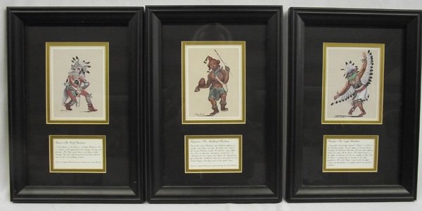 3 Framed Kachina Prints - Carole Bourdo: 3 Framed Kachina Prints - Carole Bourdo. Each of these prints depicts a Hopi Kachina and there is a description of each Kachina beneath the drawing. They measure 4'' x 5.25''. They are under double ma