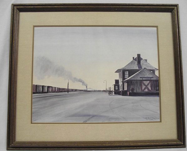 1967 Carrizoz New Mexico Framed Print - Peter Hurd: Framed Print ''Westbound Freight'' - Peter Hurd. The depot in the print is ''Carizozo'', a location in northwest New Mexico. The print is copyrighted and dated 1967. It is double matted, under glass a