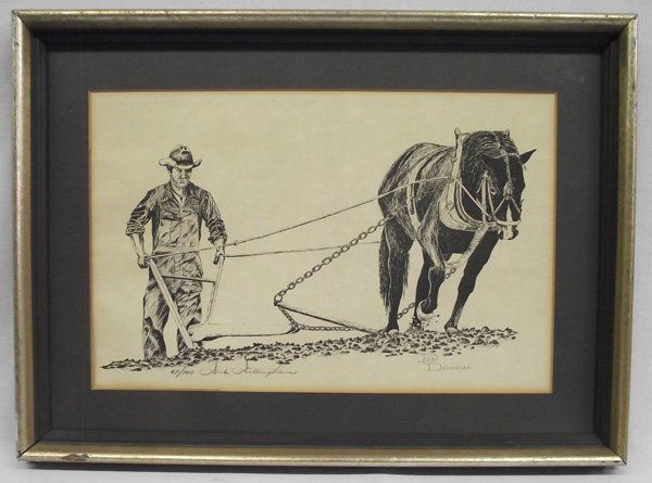 Signed Numbered Framed Print - Dick Dillingham: Signed Numbered Framed Print - Dick Dillingham. This print of a pen and ink drawing shows the old days way of plowing with a horse-drawn plow. It is signed and numbered 67/200. It is matted and under