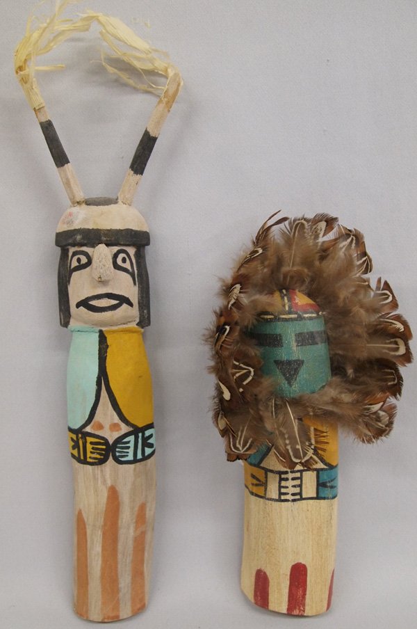 Hopi Cradle Board Flat Kachinas: Hopi Flat Kachinas. The tallest kachina has a signature on the back, ''F. Chapella,'' and measures 12''H x 3''W. The smaller kachina has a feather headdress and measures 8'' long. These kachinas are l